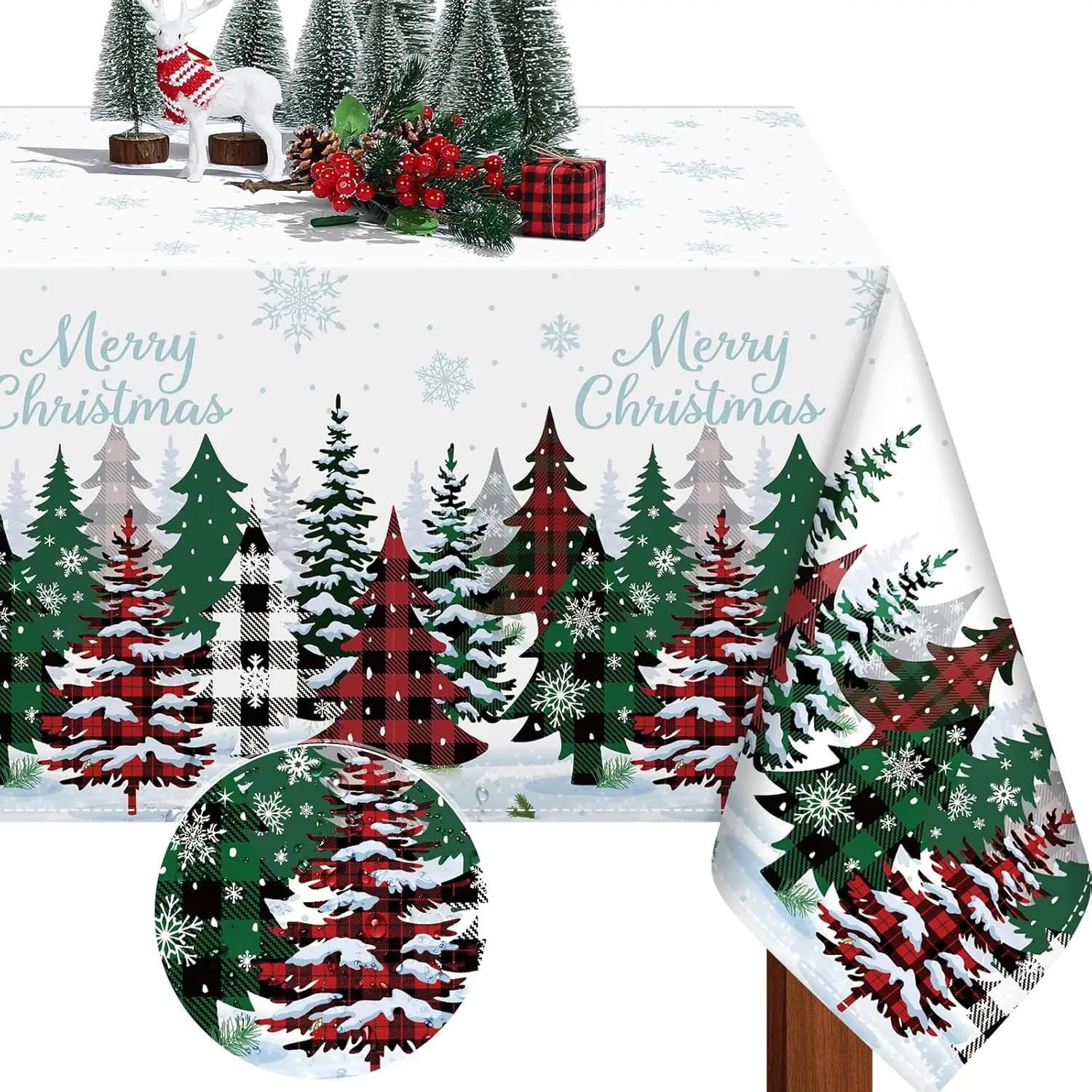 Christmas Trees Snowflakes Buffalo Plaid Tablecloth for Table Decor Winter Xmas Kitchen Dining Table Cloth Christmas Decorations