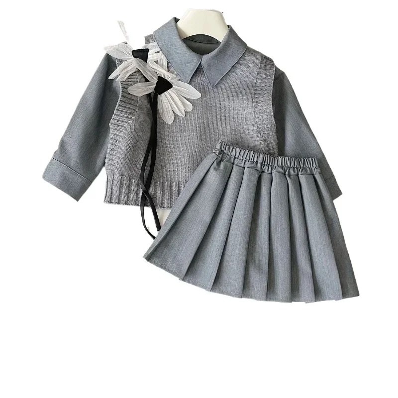 3Pcs Girls Clothing Sets Autumn Spring Knitted Sweater Vest+Shirts+Pleated Skirt Fashion Korean Children Princess Suits 2-7Yrs