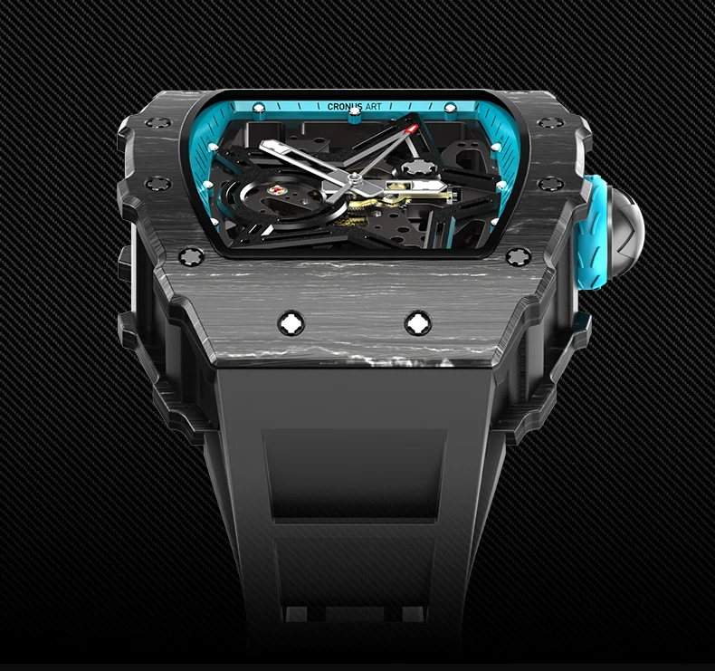 CRONUSART Men Automatic Watch Tonneau Carbon Fibre Case Mechanical Wristwatch Luminous Fluororubber Strap Skeleton Dial