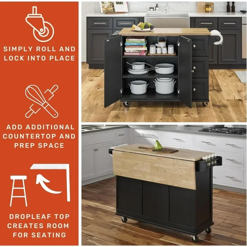 Homestyles Cart with Wood Top and Drop Leaf Breakfast Bar, Rolling Mobile Kitchen Island with Storage and Towel Rack kitchen