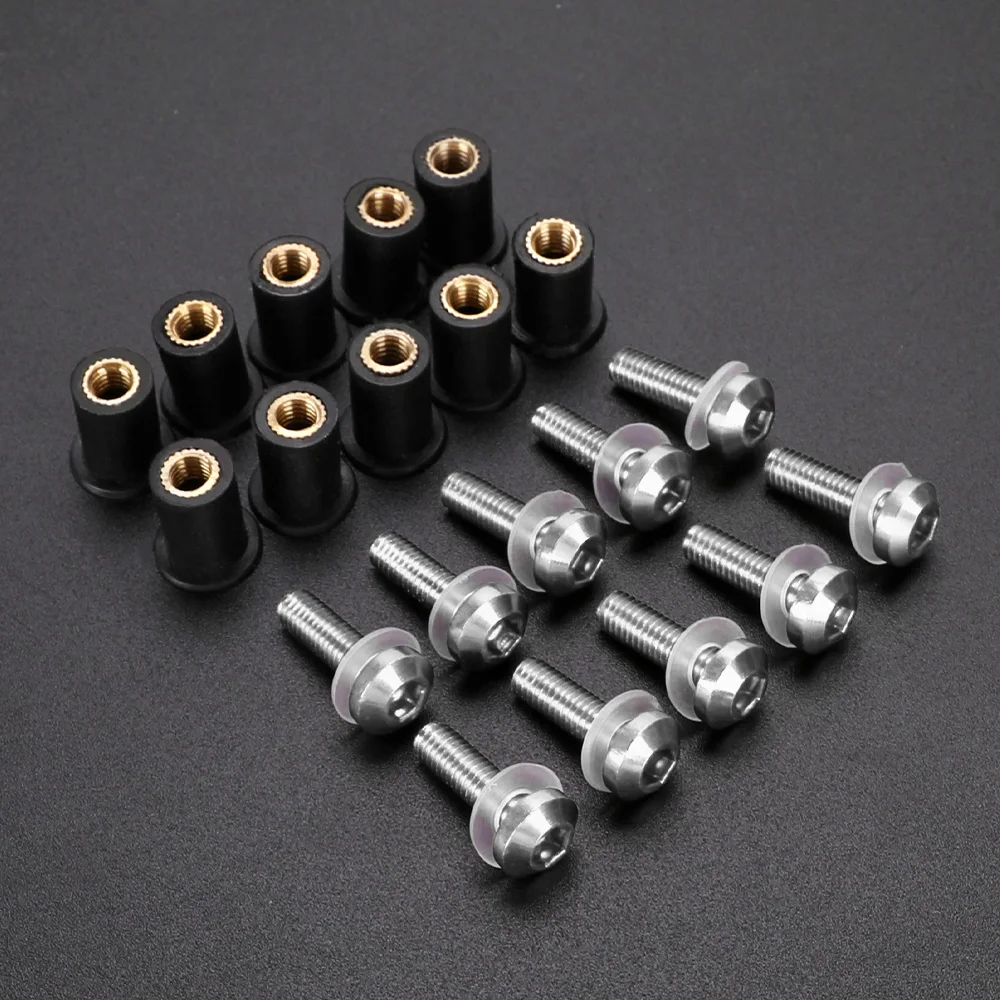 10pcs/Set Kit Motorcycle M5 16mm Metric Rubber Well Nuts Windscreen Fairing Cowl Anodized Aluminum Windshield Nut Bolt Screw