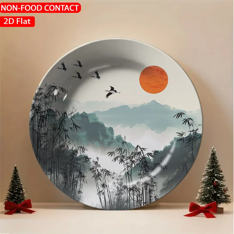 1pc Asian Painting Cranes Orange Ceramic Plate Non-food Contact, Home Desk Ornaments, Living Room and Bedroom Decorations,