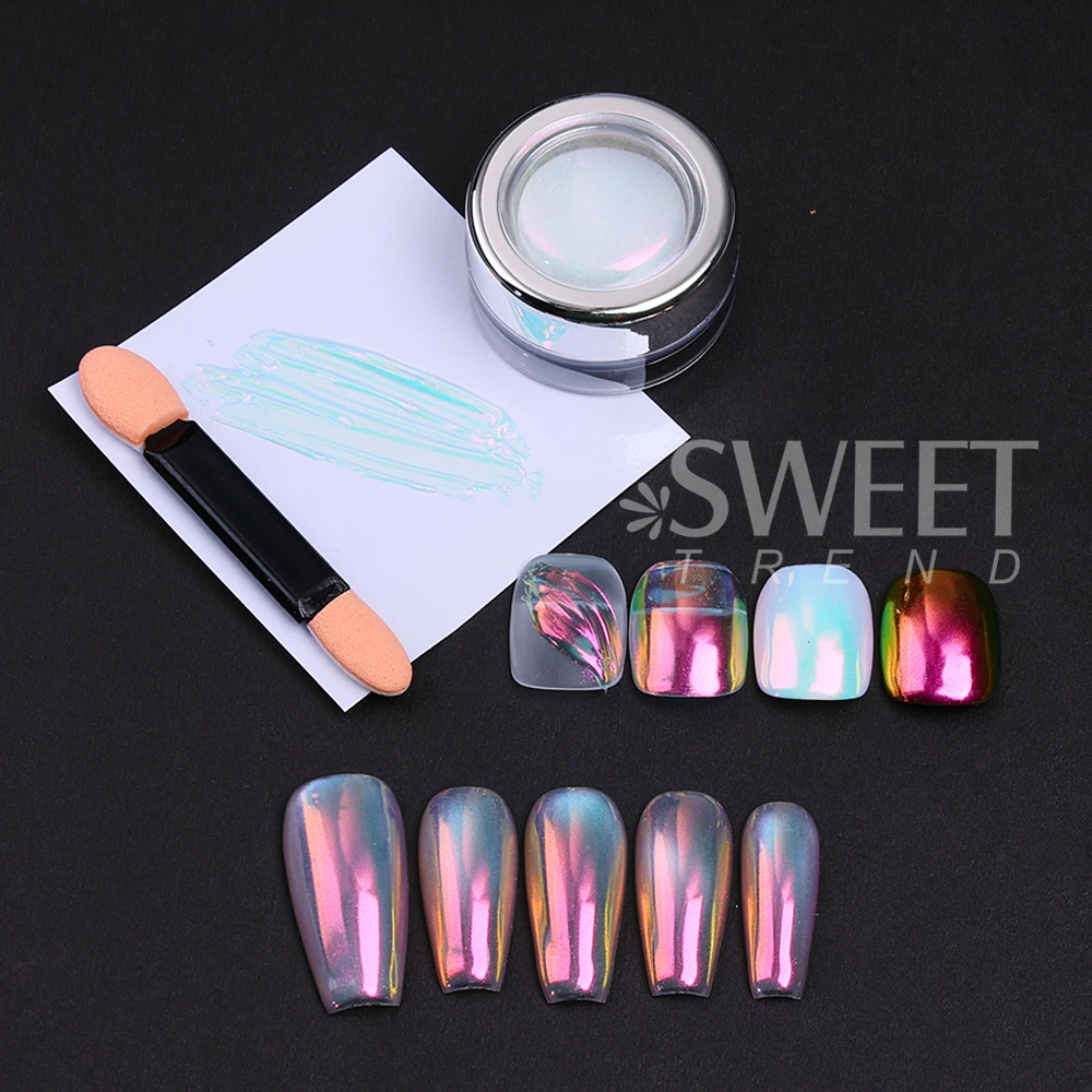 2 ألوان أورورا ضوء القمر مسمار بريق مسحوق قوس قزح مرآة الكروم قزحي الألوان الصباغ الغبار فرك على مسحوق مانيكير الديكور #6