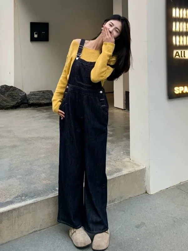 

Женские джинсовые комбинезоны в корейском ретро-стиле: свободные прямые повседневные брюки с широкими штанинами, высокой талией, длинные, из эластичного хлопка, синие