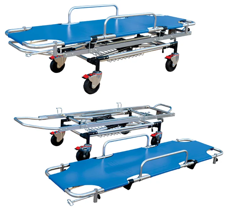 Medical Patient Transfer Trolley With Rocker Height Adjustment And Safety Straps Ambulance Stretcher
