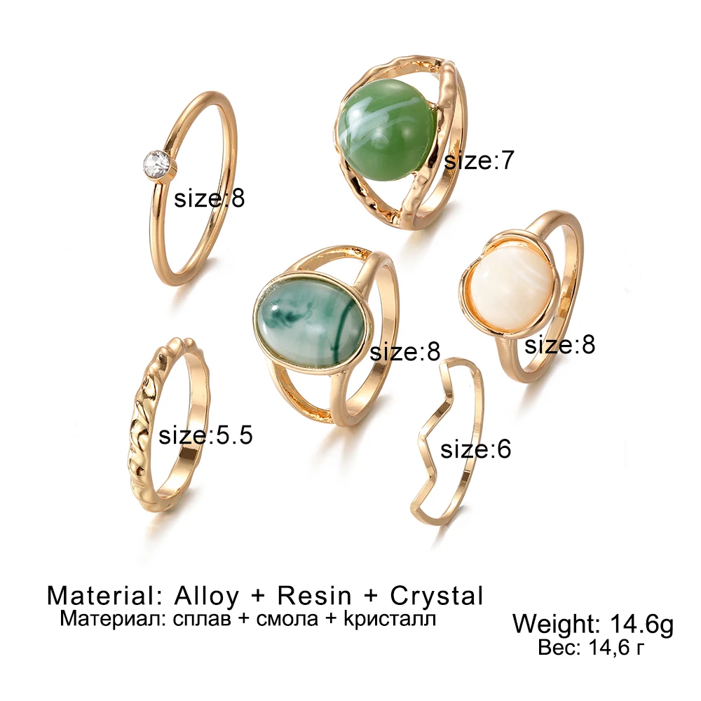 KISSWIFE Vintage Golden Metal Green Opalescent Stone Rings Set for Women Elegant Thin Finger Ring Fashion Jewelry Wedding Gifts