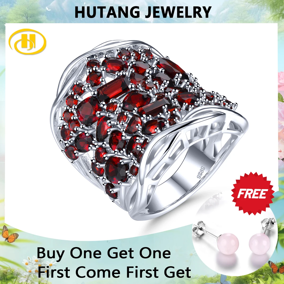 

Natural Red Garnet Solid Silver Rings 6.8 Carats Genuine Gemstone Gorgerous Luxury Unique Original Design S925 Unisex Style