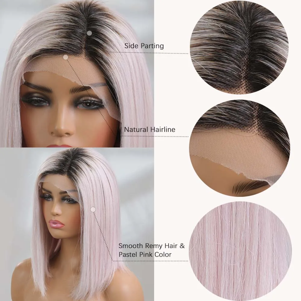 13 × 5 × 1 frente do laço peruca de cabelo humano comprimento do ombro ombre pastel cor-de-rosa bob perucas para o lado feminino parte reta remy cabelo