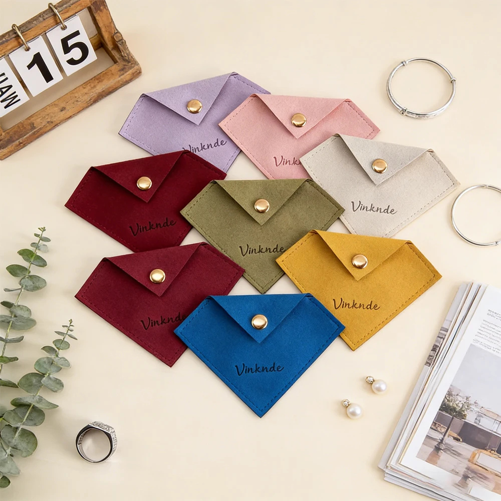 

50Pack Custom Logo Premium Microfiber Bags Lined Triangle Snap Bags Luxury Jewelry Display Pouch For Earrings Rings Bracelets