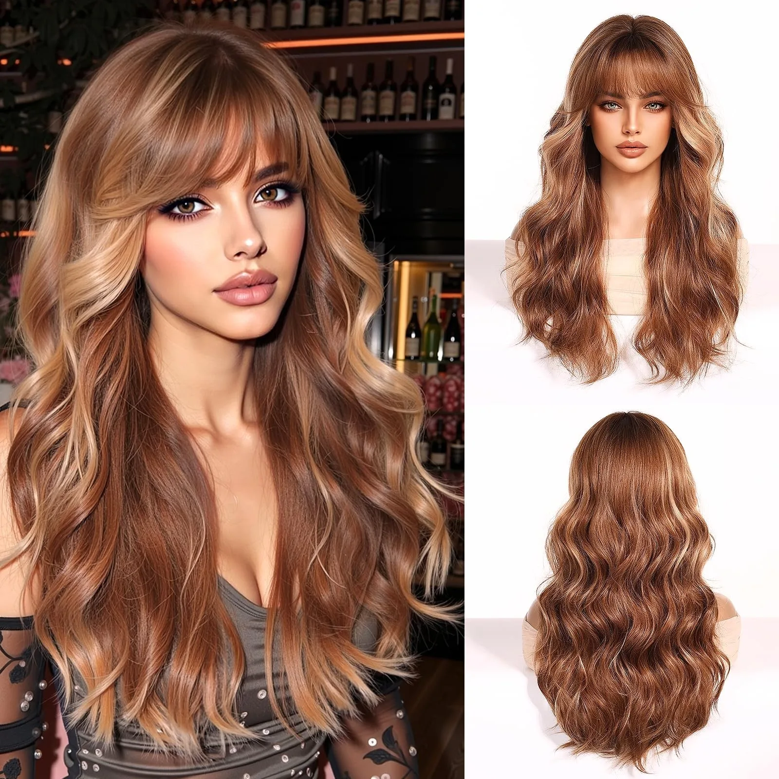 

Brown Wigs with Bangs Blonde Highlights Wigs for White Women 24 Inch