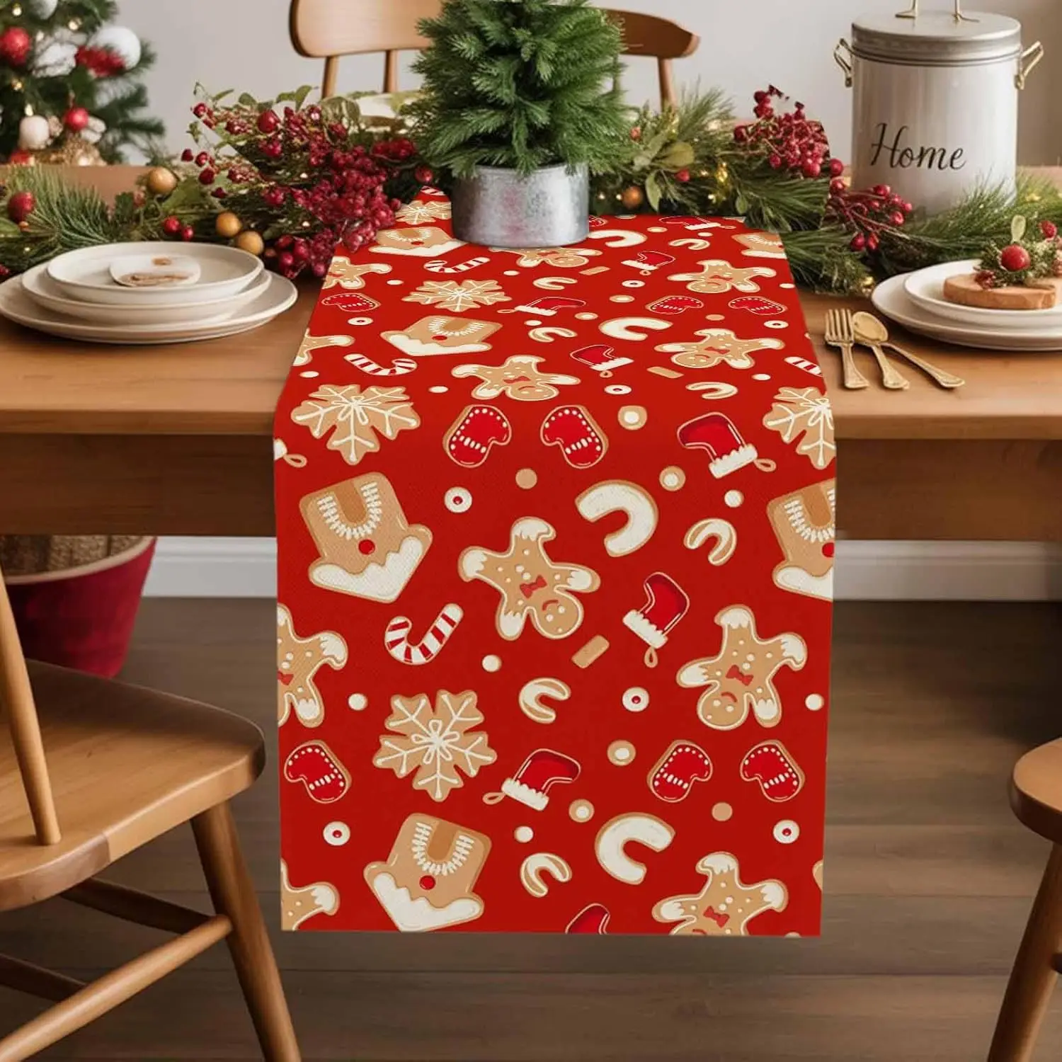 Christmas Gingerbread Man Candy Red Linen Table Runner Party Decor Winter Xmas Kitchen Dining Table Runner Christmas Decorations