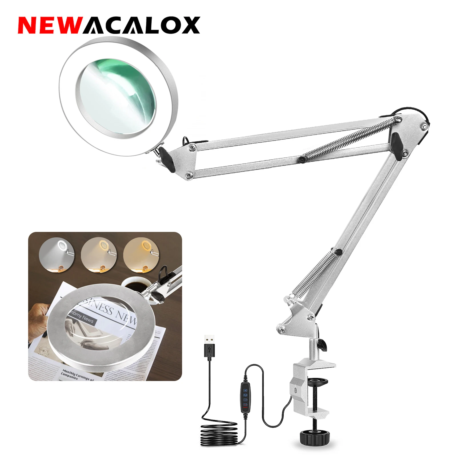Prata Dobrável Lupa Desk Lamp Luzes Led Luzes de Leitura Modos de Cores Usb Power Supply Iluminação Magnifier 5x 72smd