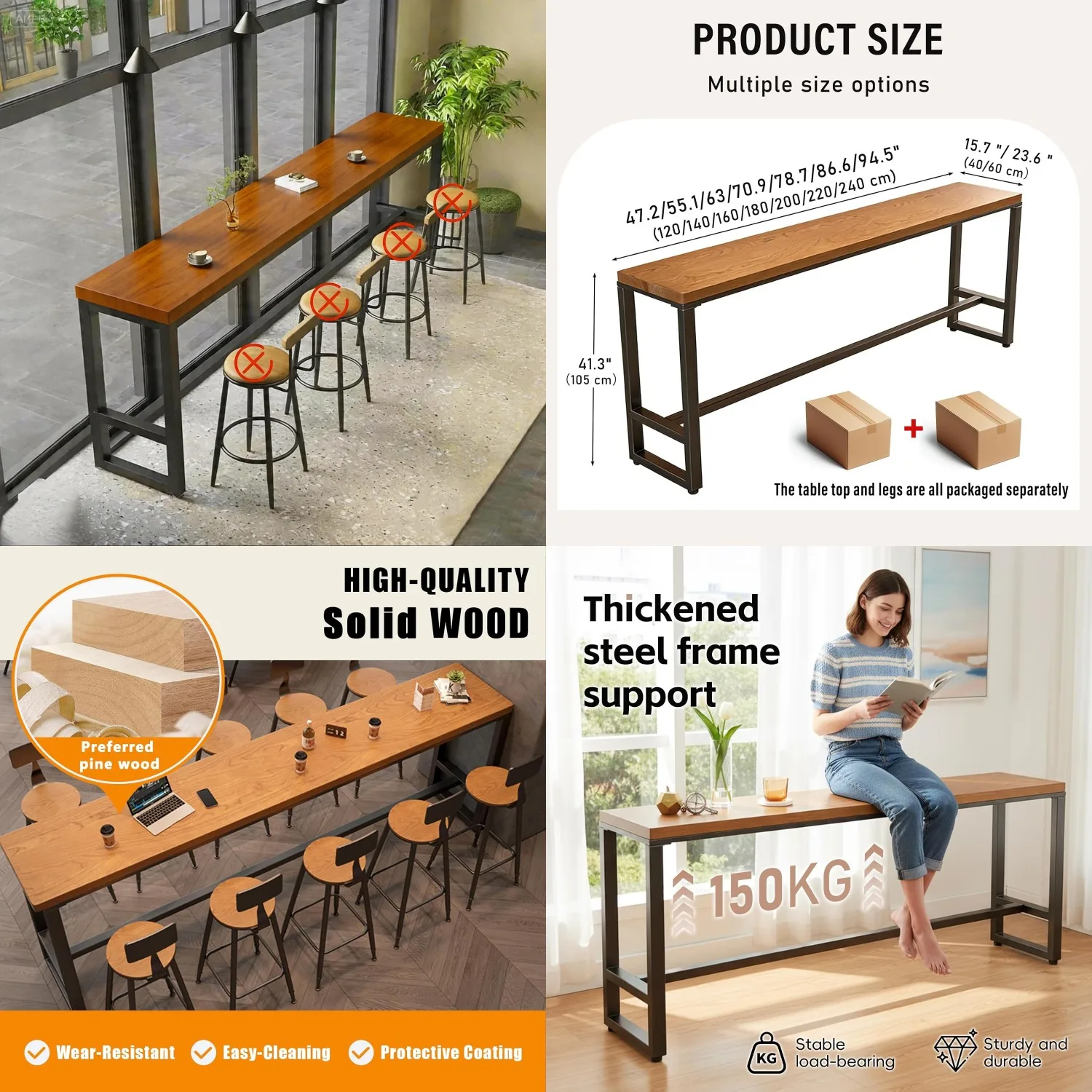 

Solid Wood Counter Height Bar Table High Top for Kitchen Dining Balcony Cafe, Stool Not Included, Customized
