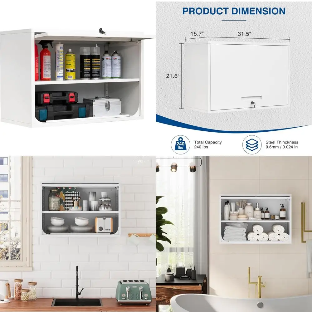 Gabinete de almacenamiento de metal blanco montado en la pared con estante y cerradura para garaje, almacén, uso doméstico