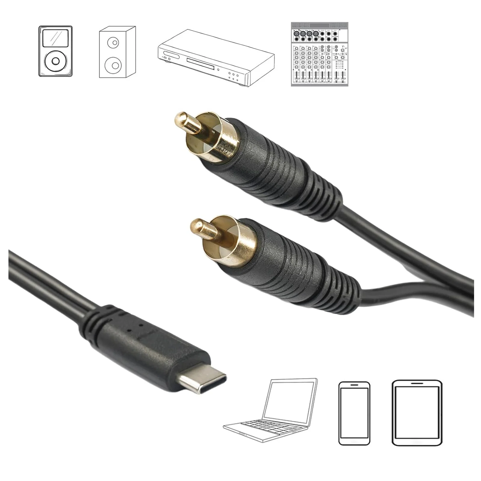 Convertidor de Audio estéreo USB tipo C macho a Dual 2 RCA macho, Cable divisor Y para amplificador de potencia, altavoz de cine en casa para coche, 1 ud.