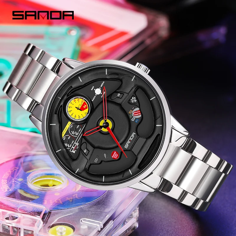 

SANDA P1085 Innovative Skeleton Watch Men's Sports Car Steering Wheel Waterproof Stainless Steel Strap Quartz Brand Wristwatches