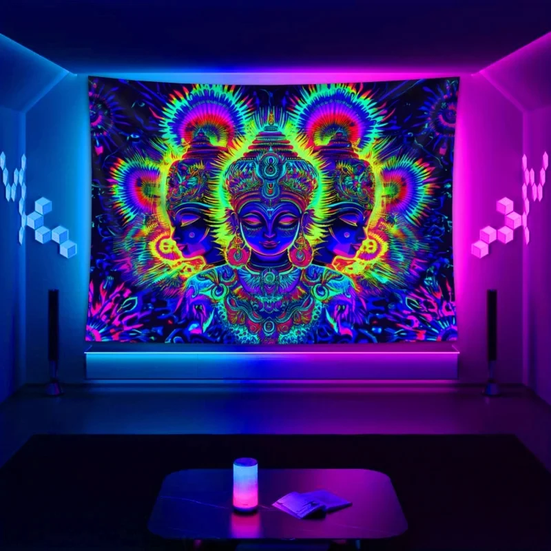 VIKAMA Blacklight Buddha Tapestry, UV Reactive Psychedelic Wall Hanging for Bedroom, Glow Party & Spiritual Decor
