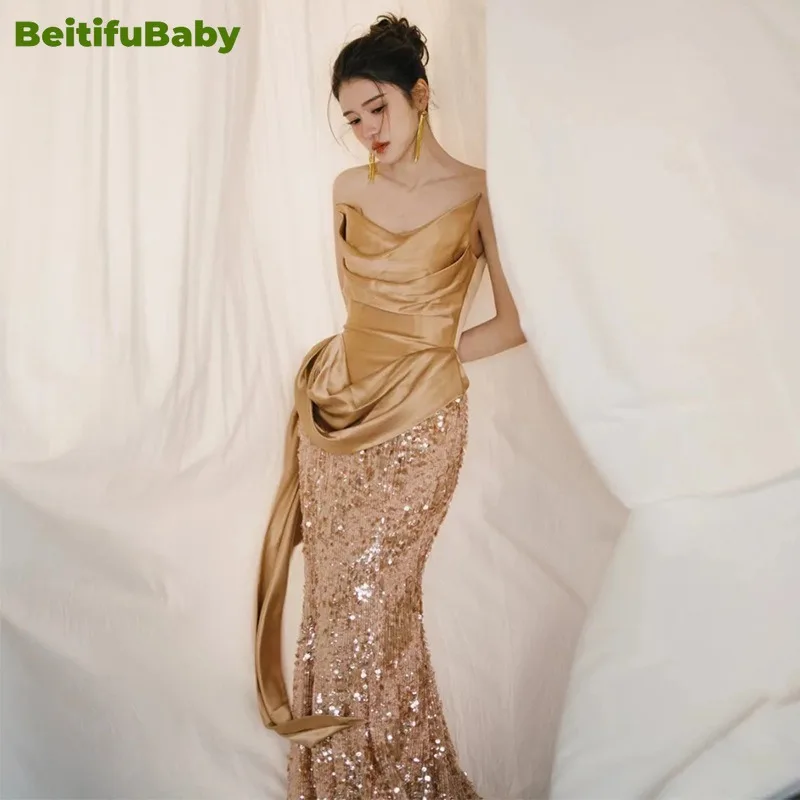 BeitifuBaby Vintage Women Evening Party Dress Elegant Champagne Strapless Banquet Fishtail Skirt Bride Slimming Formal Dresses