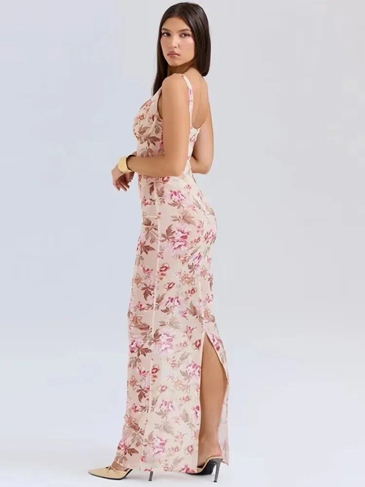 พิมพ์ลึกVแยกชุดเซ็กซี่ผู้หญิงที่ไม่มีสายหนังElegant MidiชุดยาวBackless Bodyconฤดูร้อนชุดVestidos