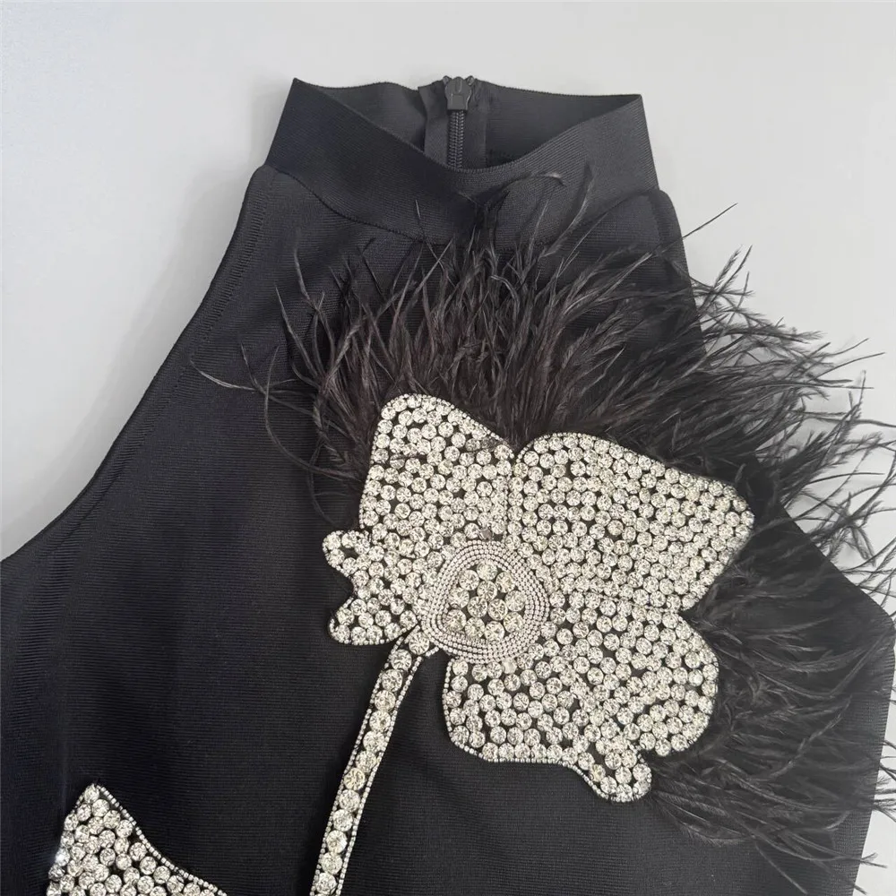 Women Sexy Beading Backless Bandage Dress Fashion Feathers Sleeveless Clothes Celebrity Party Midi Dresses