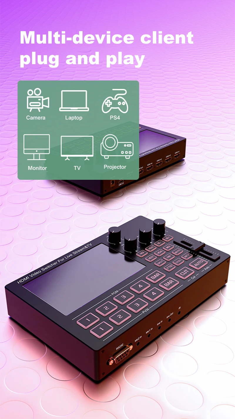 

HD 1080P/60Hz HDMI Director Switcher Type-C 3.0 Multi-channel Audio Capture and Mixing Built-in 5-inch IPS Display for Monitor