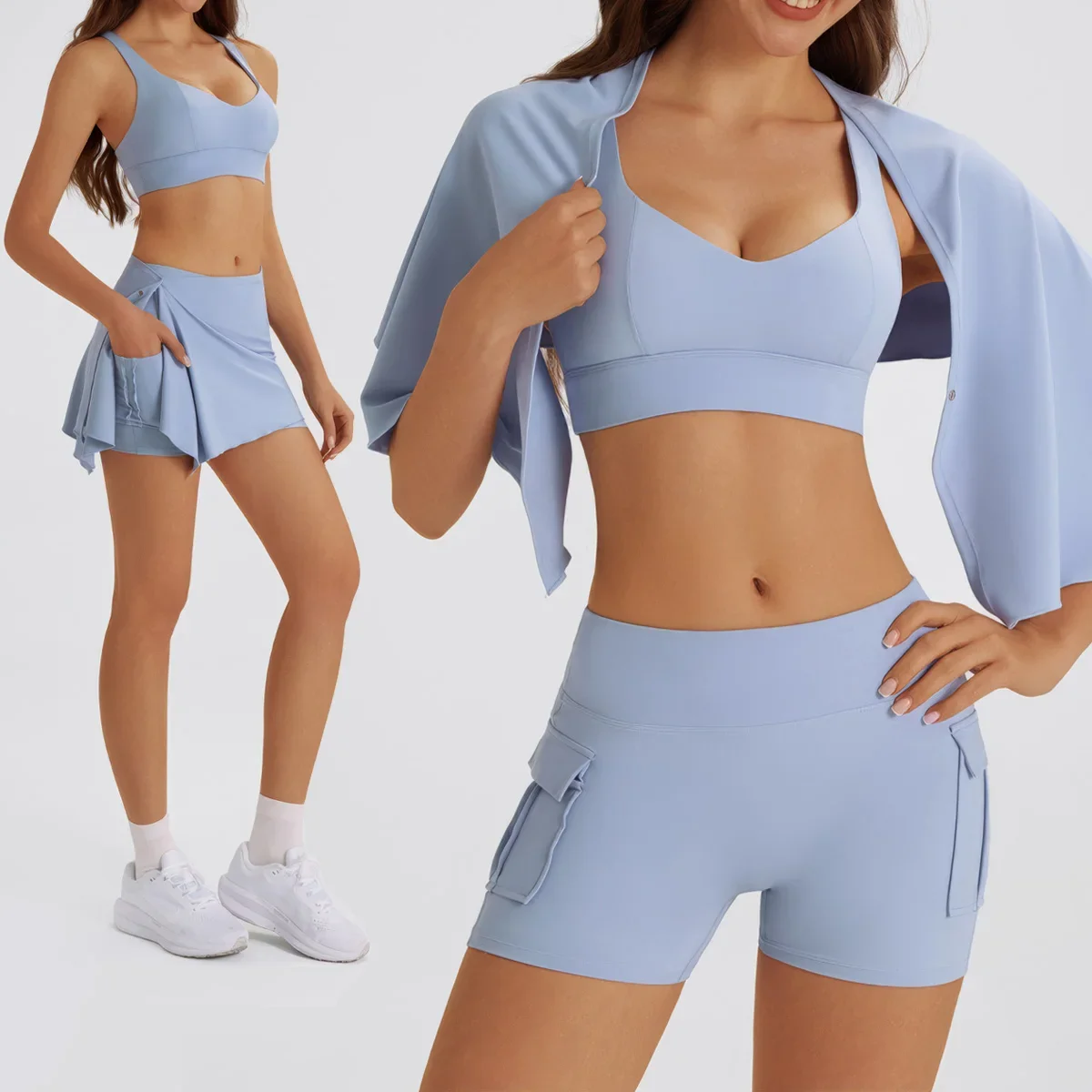 

New Yoga Sets Women Gym Clothes 3 Piece Sport Bra Shorts with Skirts Wrap Tracksuit Fitness Suit High Quality Tracksuit