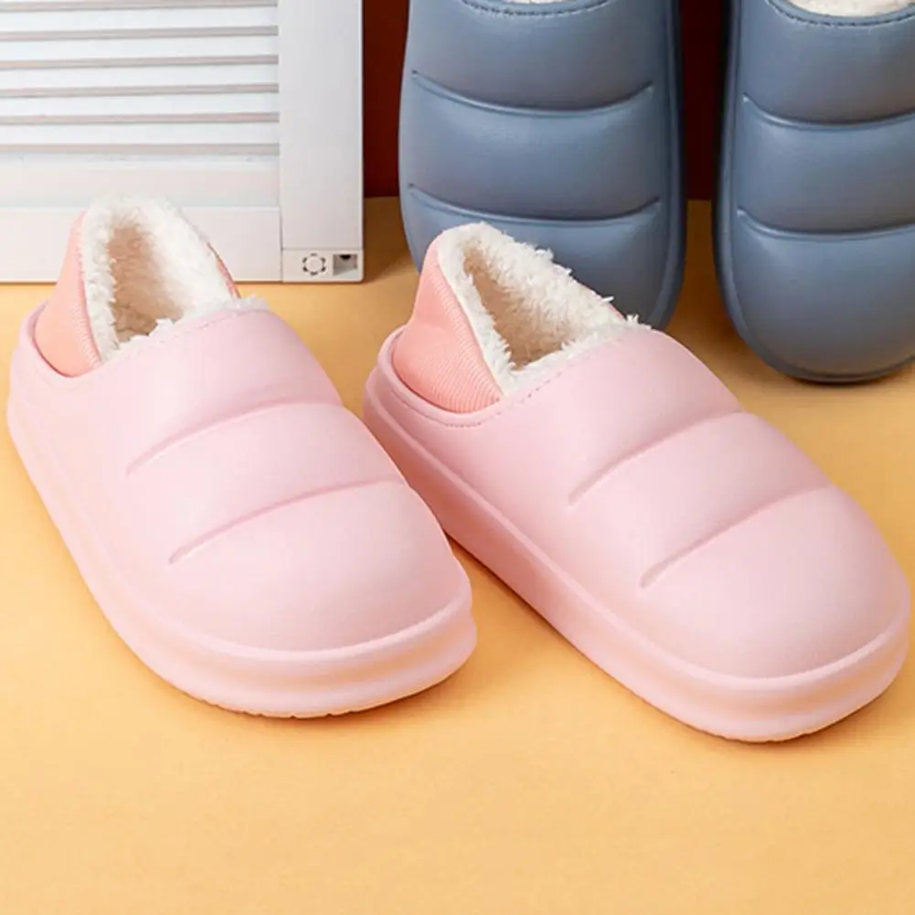 

1 Pair Trendy Plush Lined Waterproof Soft Home Shoes Anti-deformation Home Cotton Slippers Windproof for Living Room