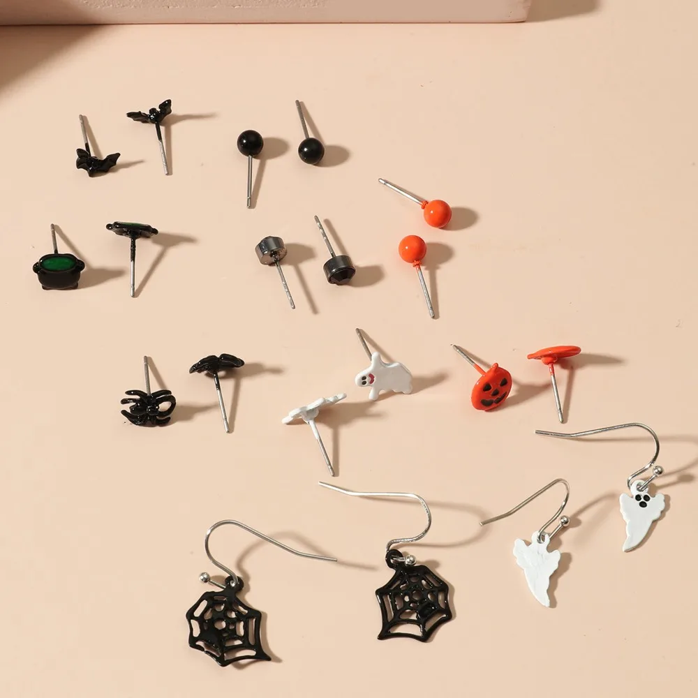 3pcs Set Cartoon Cute Orange Drip Glaze Pumpkin Face Pendant Stud Earrings for Women Halloween Witch Bat Spider Jewelry Sets view 4