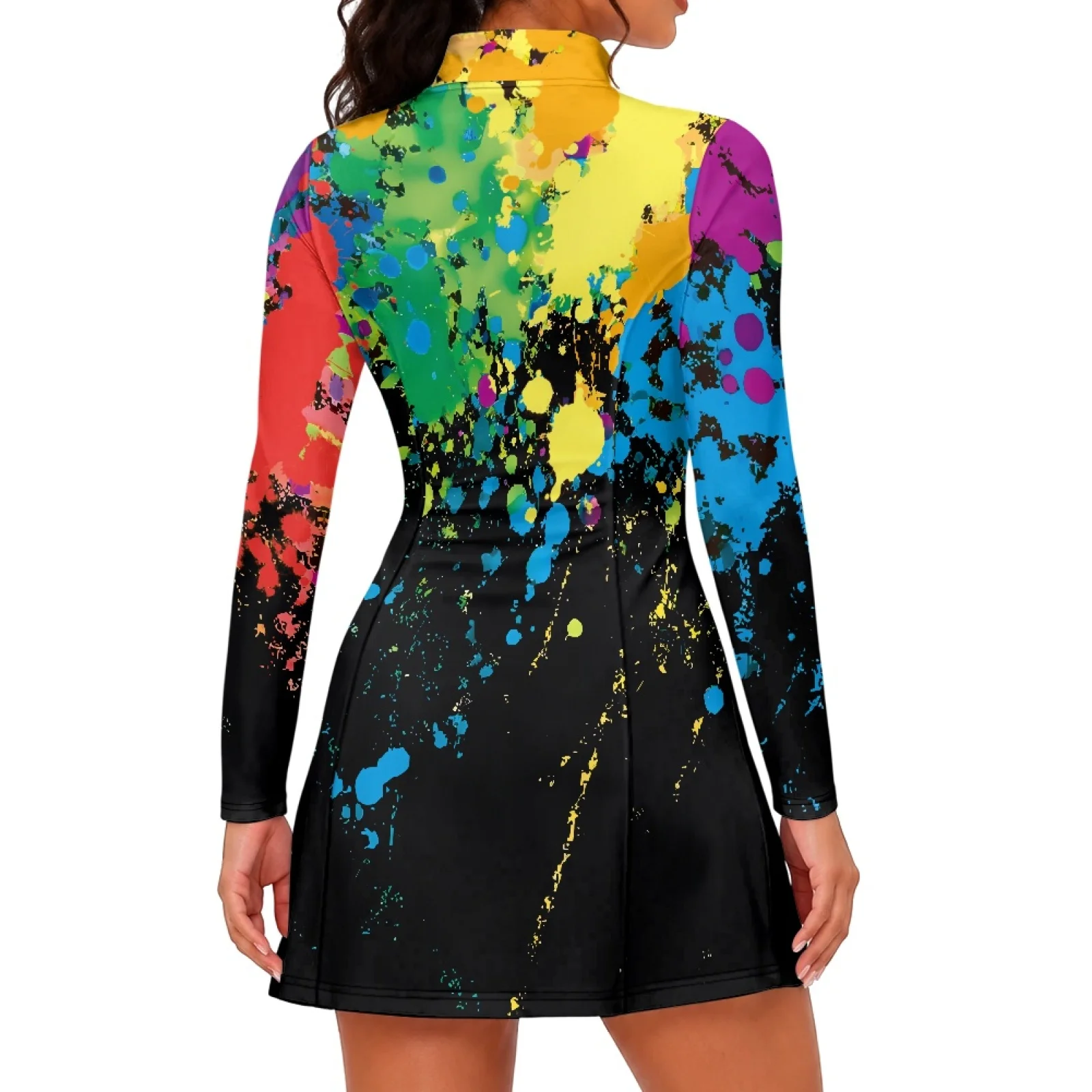 PENSTROLL Rainbow Splash Womens Long Sleeve Tennis Golf Dress Stand Collar Athletic Dress for Exercise 1/4 Zip Active Dress