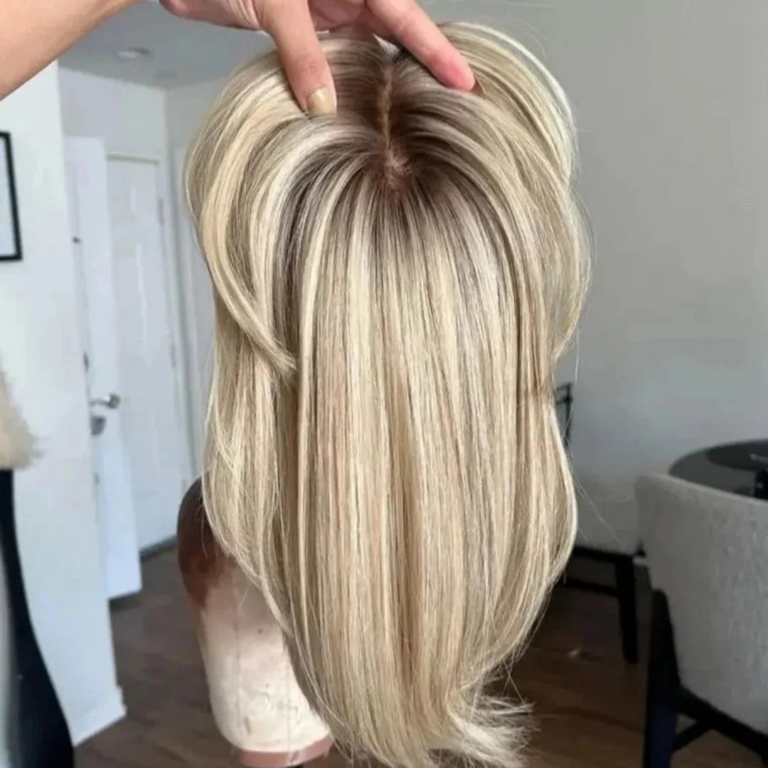 

Beautiful Light Blonde Synthetic Lace Frontal Wigs For Women Elastic Bob Highlight Natural Straight Women's Wig With Dark Roots