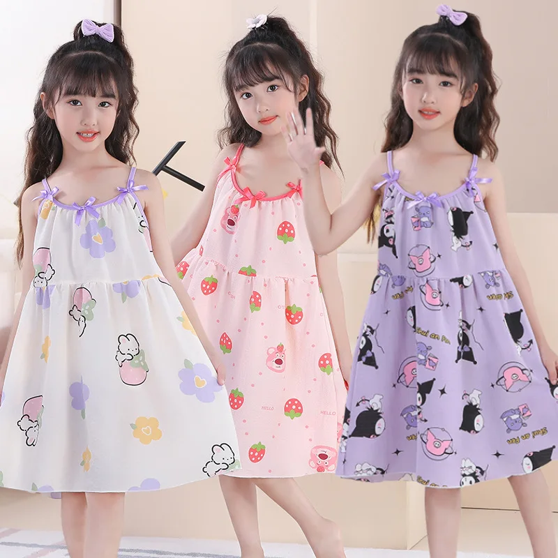 

2024 New Sanrio Kuromi Pyjamas Slip Dress Girls Summer Bubble Cotton Dress Girls Cinnamoroll Cute Cartoon Home Dress Nightdress