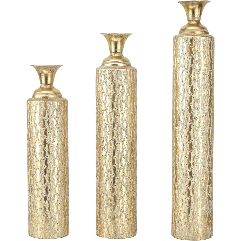 Metal Decorative Vase Tall Distressed Metallic Centerpiece Vases with Growing Vine Pattern, Set of 3 Vases for Home Decoration