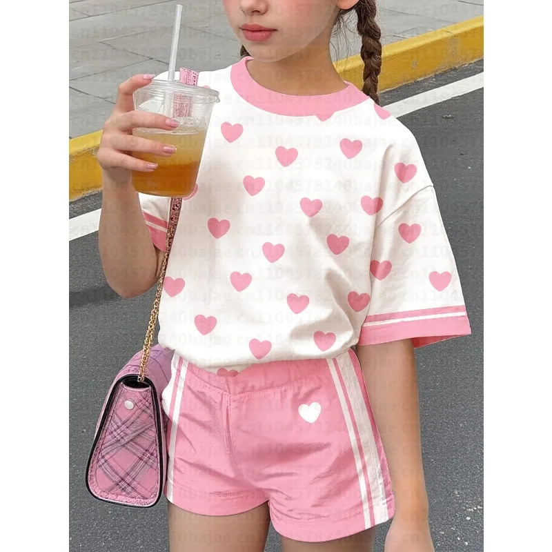 Girls' Kid Playful 2pcs Set with Heart Print: White Short-sleeve T-shirt Featuring Pink Double Stripes on The Round Neck