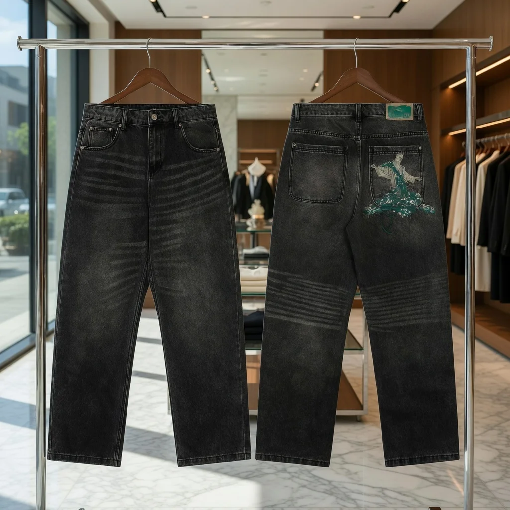 

Real Photo DERSCHUTZE Men's Black Washed Wide Leg Jeans Mythological Figure Wave Embroidery Pocket Streetwear Loose Denim Pants