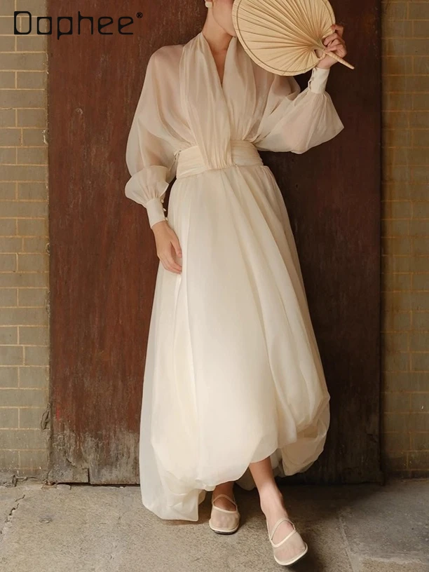 

French Fairy Style Sweet Evening Dresses 2025 Autumn New Cuffed V-neck Long Sleeve Ruched Slim Fit Mid-length Tutu Dress Women