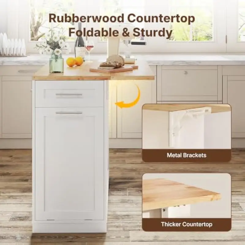 41.5 inch mobile kitchen island featuring drop-leaf countertop extension, concealed tilt-out trash compartment, dual AC plus USB