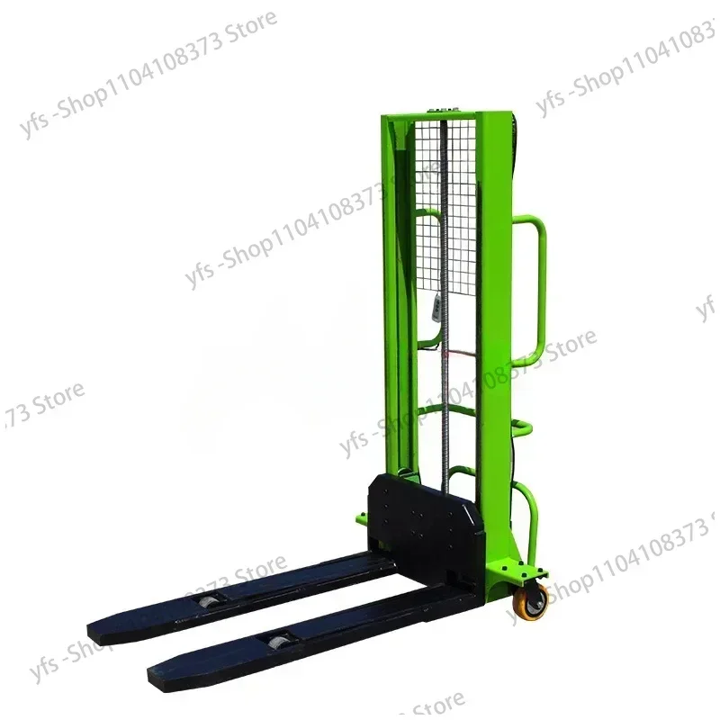 Hand pushed small electric forklift with a capacity of 500 kilograms and 1 ton. The forklift can automatically