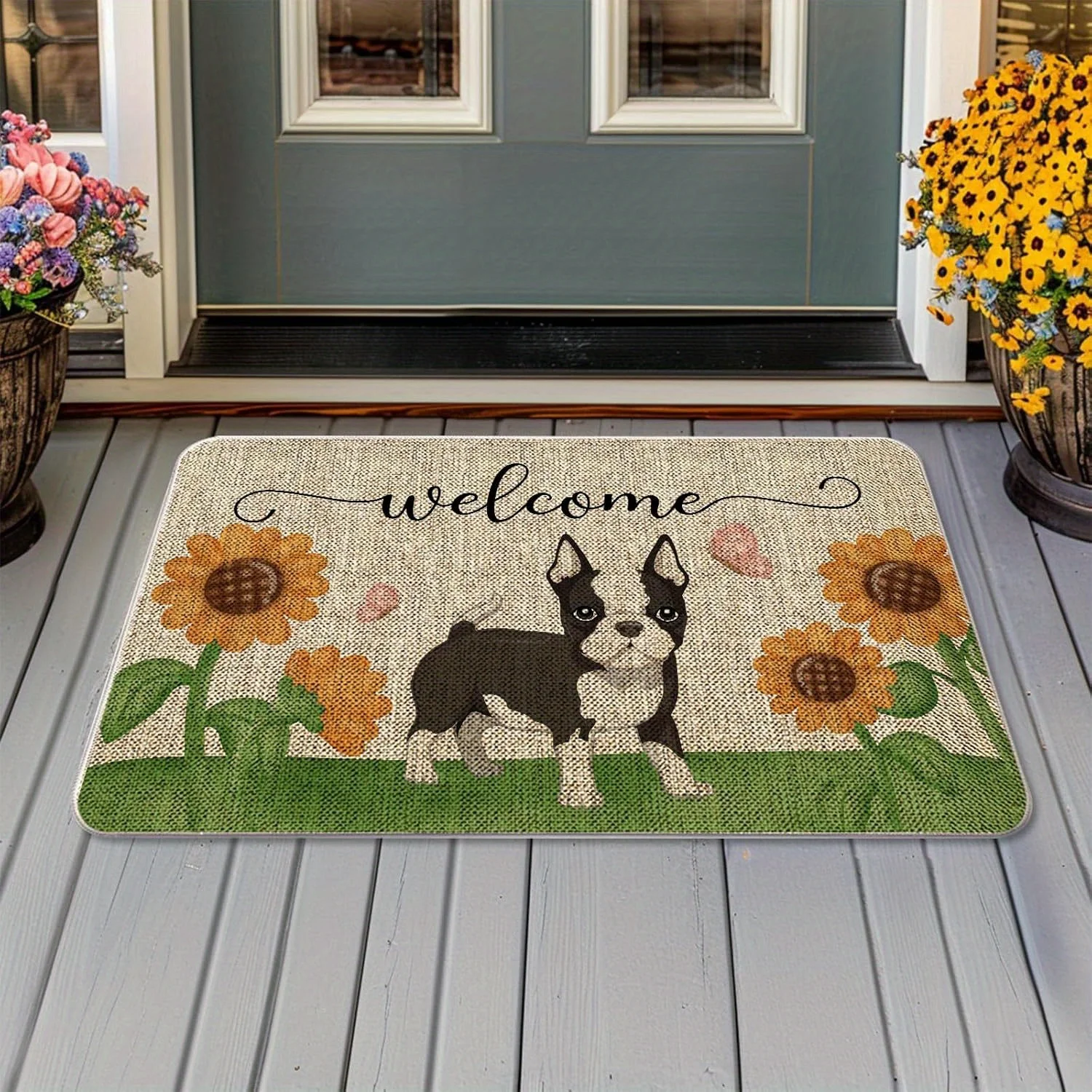 VIKAMA Cute Pet Welcome Home Floor Mat Boston Terrier Dog Sunflower Non-Slip Blanket Entrance Pet Decoration