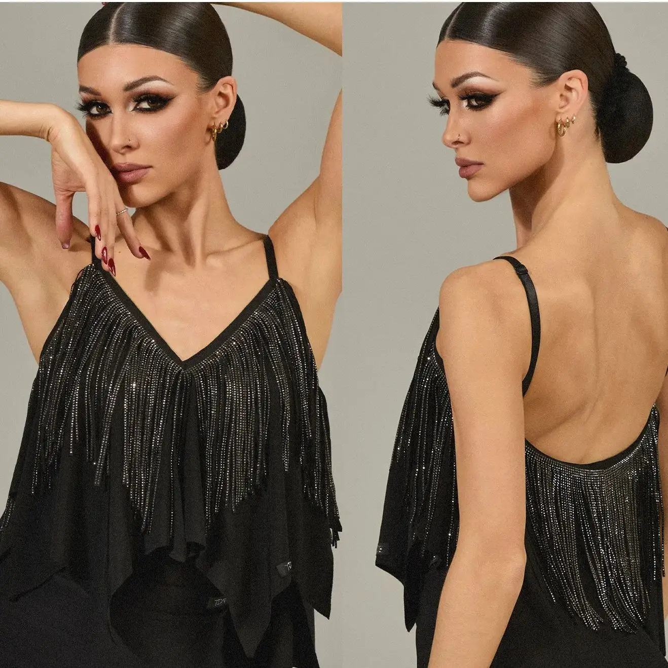 

2026 Latin Dance Costumes For Women Tassels V-neck Strap Top Latin Dancing Lady Modern Chacha Practice Training Wearing DQL12468