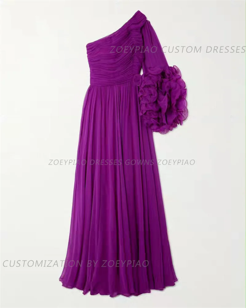 Purple Silk Chiffon Prom Dresses Saudi Arabic Women Pleats One Sleeve Floor Length Evening Gowns Formal Party Dress Celebrity