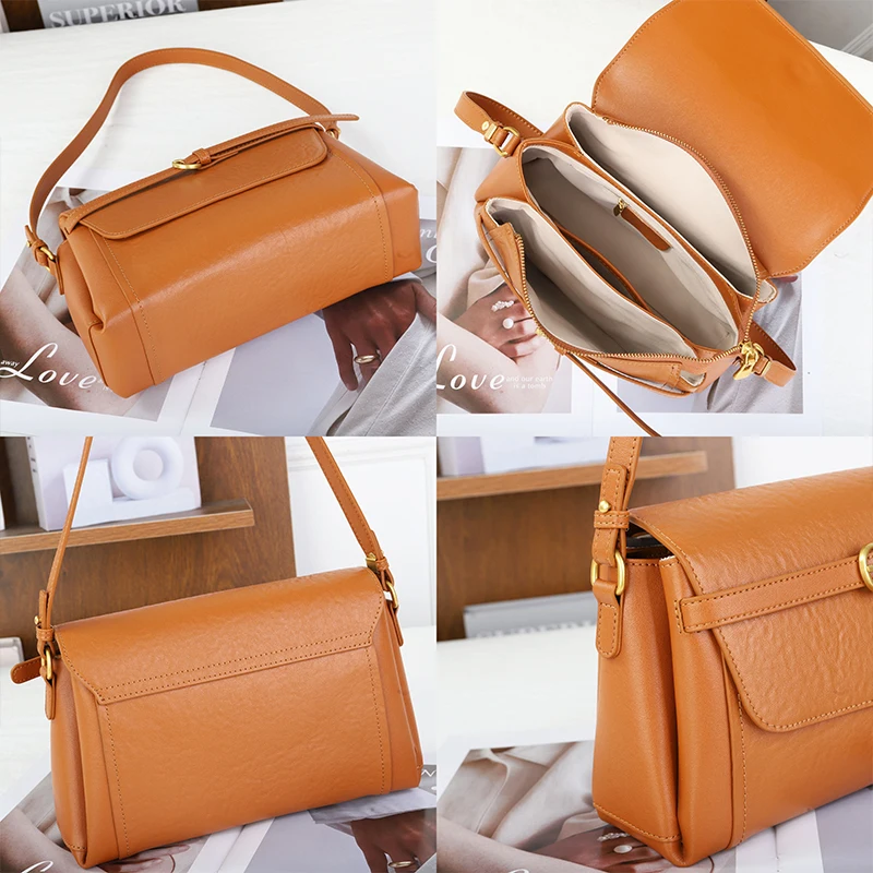Women's Genuine Leather Crossbody Bag First Layer Vegetable Tanned Cowhide Flap Shoulder Purse with Buckle Detachable Strap