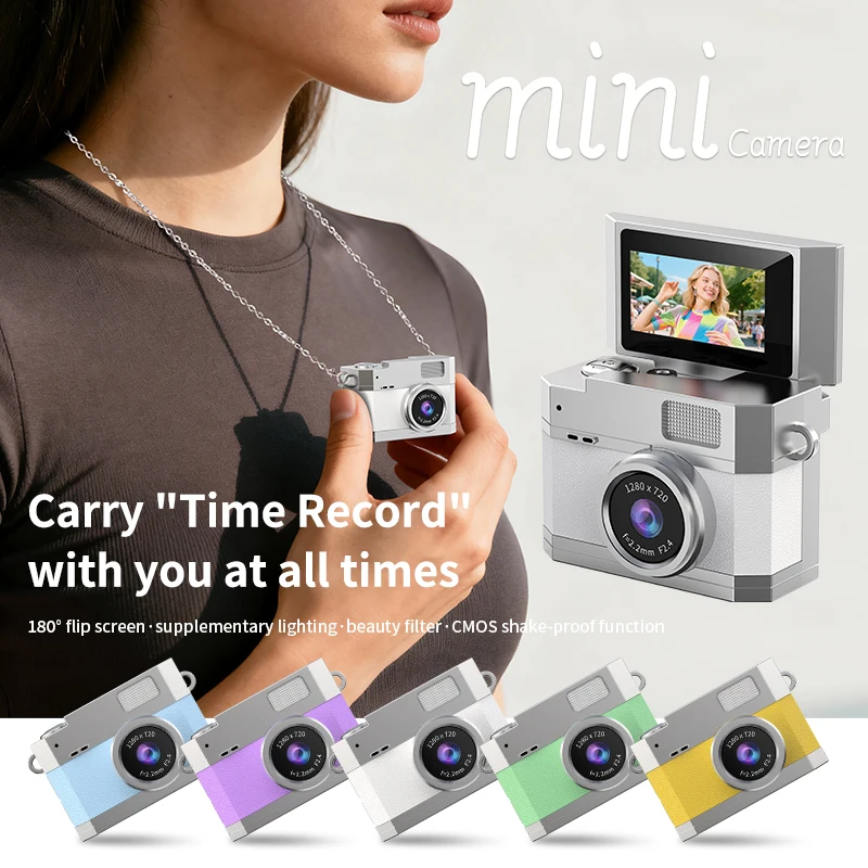Mini Digital Camera 0.96-inch HD 180° Flip Selfie Screen with Backlight Lamp Vintage Keychain Portabl Camera with 8/32GB Card
