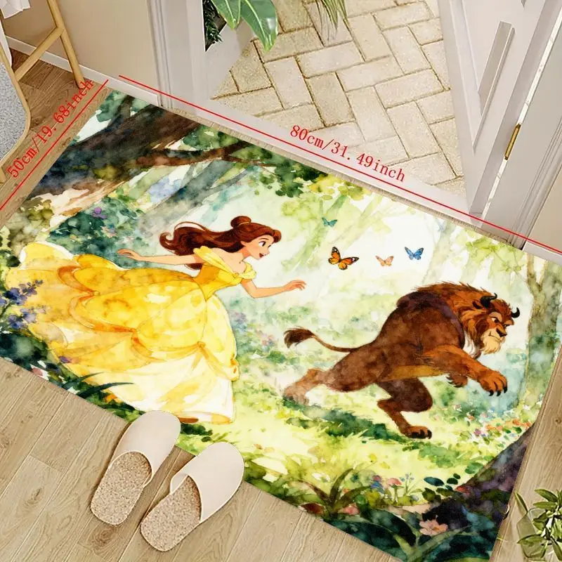 

1PC Disney Princess Belle and Beast Floor Mat, Enchanting Fairy Tale Forest Scene Watercolor Style Non-slip Washable Area Rug, V