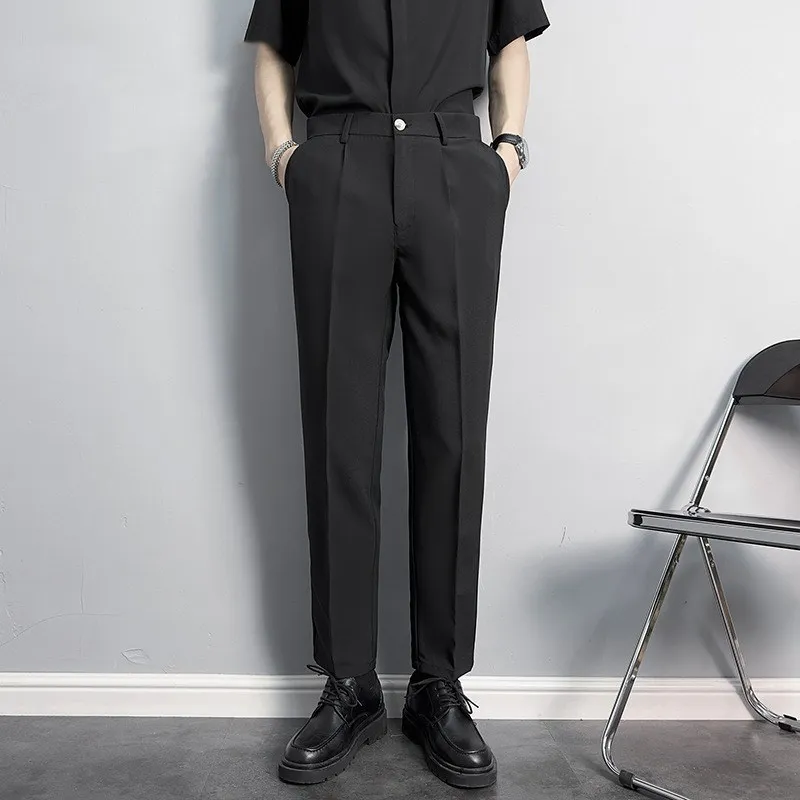 Men's Slim-fit Straight Tube Anti-wrinkle Free Ironing Business Casual Pants High-grade Sag Black Nine-point Small Dress Pants