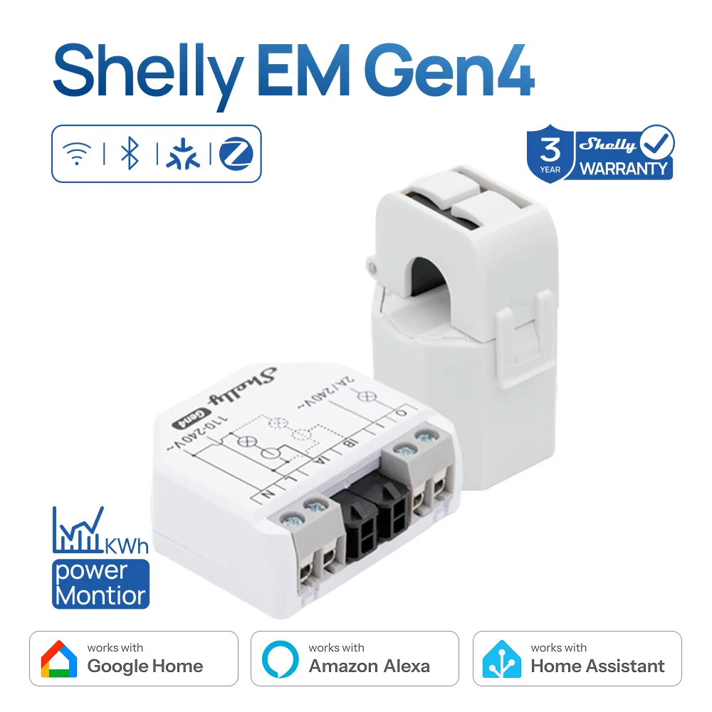 Shelly EM Gen4 Zigbee Domotica WiFi Smart Energy Matter Contactor Control Internal Memory Measurement And Configurable Alarm