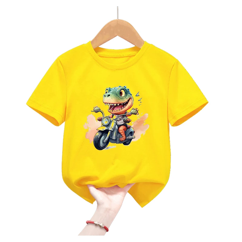 Watercolor Dinosaurs Love Motorcycles Printed T Shirt Girls/Boys Kawaii Kids Clothes White Yellow T-Shirt Summer Fashion T-Shirt