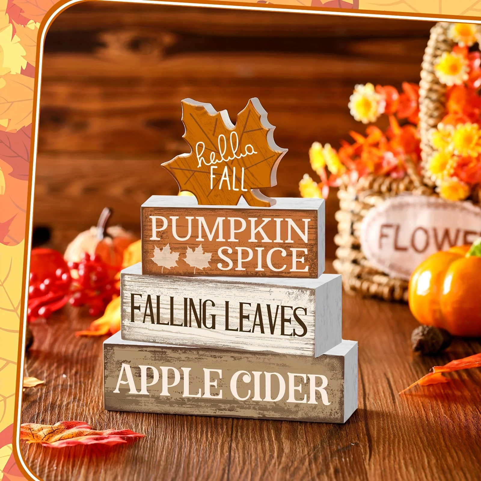 4pcs Autumn Harvest Wooden Block Decor Hello Fall Pumpkin Spice Sign Maple Leaf Thanksgiving Tabletop Home Shelf Decoration