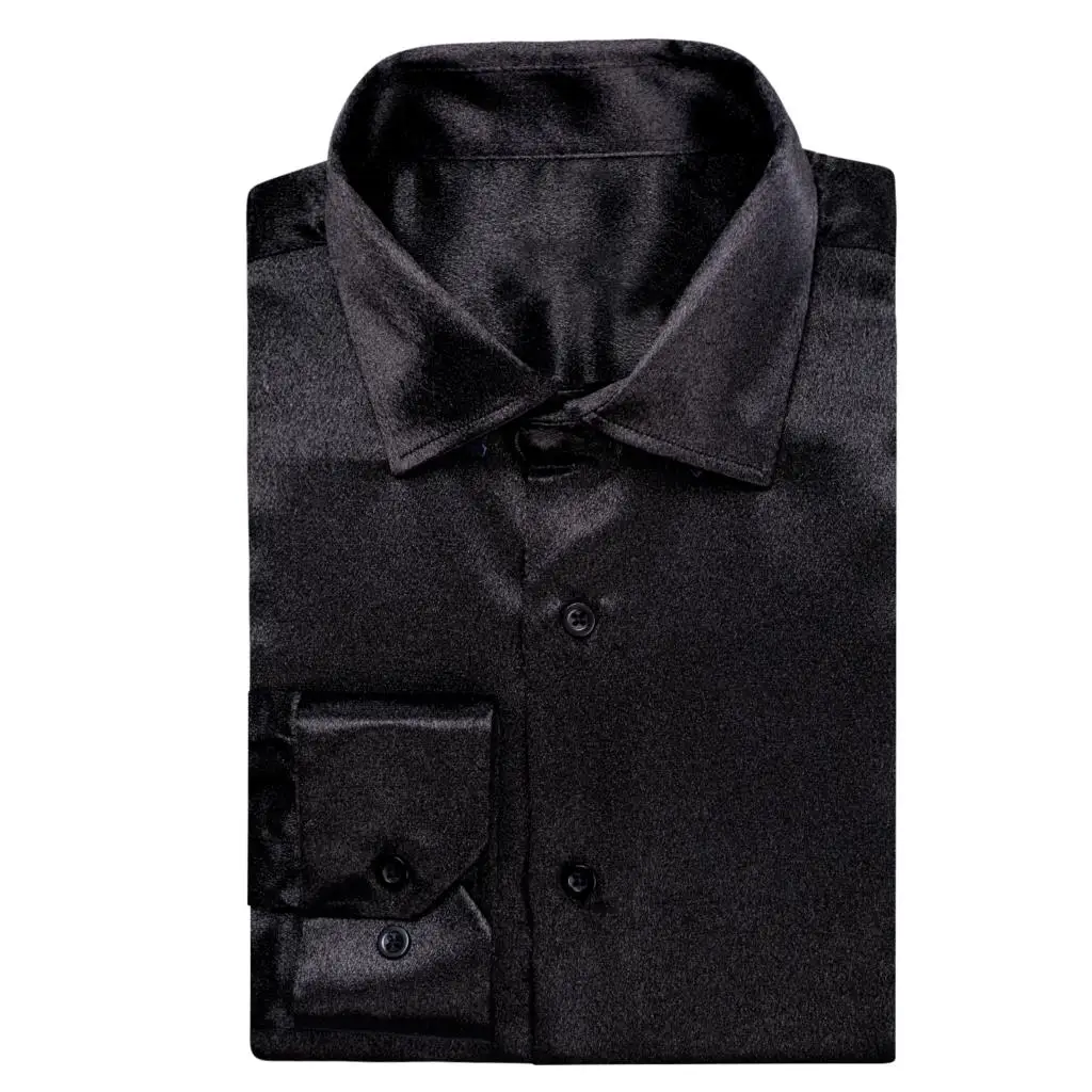 

Hi-Tie Black Silk Satin Mens Shirts Windsor Collar Solid Long Sleeve Social Formal Dress Suit Shirt for Male Wedding Business
