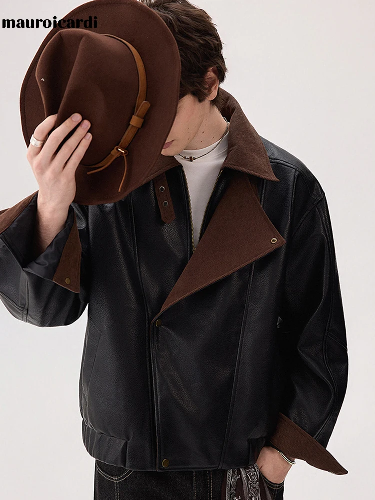 Mauroicardi Spring Autumn Short Corduroy Patchwork Pu Leather Motorcycle Biker Jacket Men Luxury Designer Menswear Clothes 2026 5 Mauroicardi Spring Autumn Short Corduroy Patchwork Pu Leather Motorcycle Biker Jacket Men Luxury Designer Menswear Clothes 2026 5