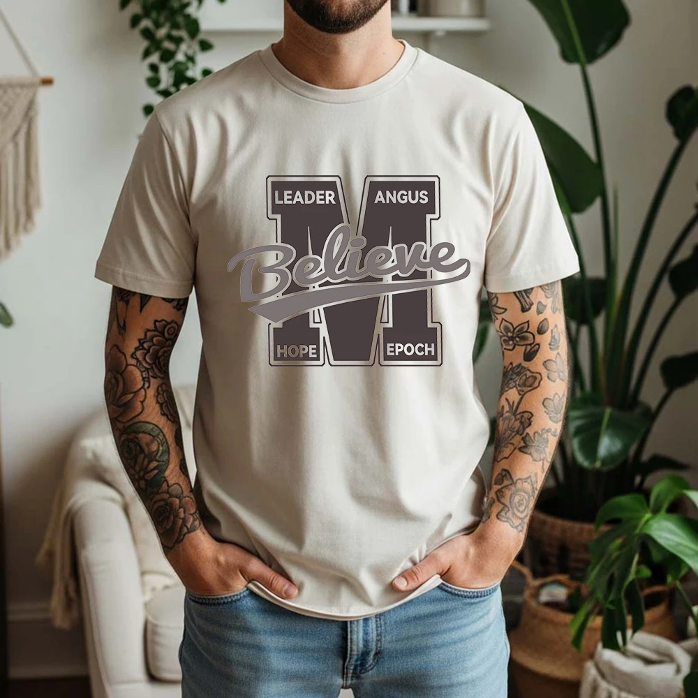 Mens 100% Cotton T Shirt Believe Leader Angus Hope Epoch Varsity Letter Print Breathable Short Sleeve Casual Daily Tee